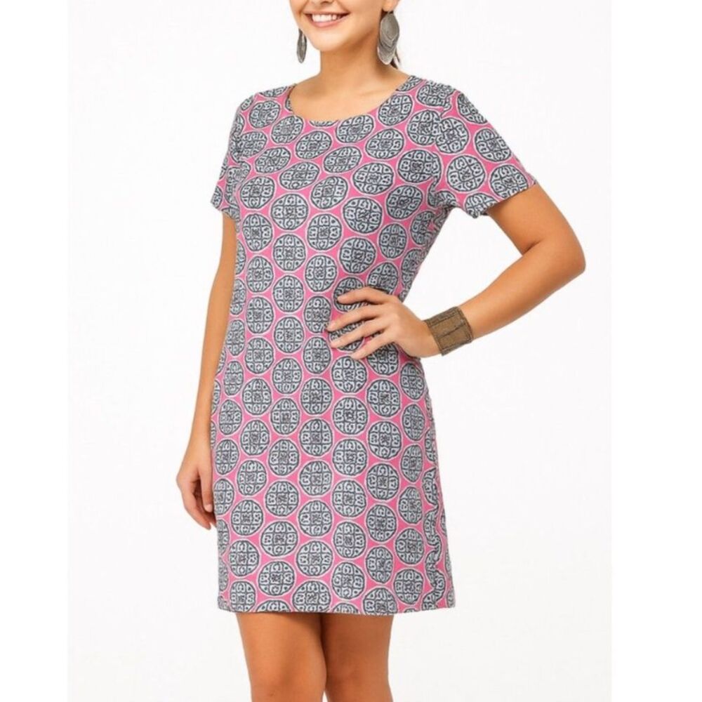 Katherine Way Women's Pink Navy Medallion Print Round Neck SS T-Shirt Dress Sz L
